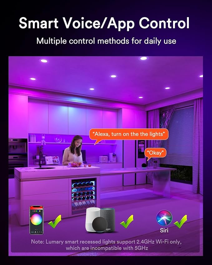 Lumary 3 Inch Smart LED Recessed Light, Color Changing Wafer WiFi Ceiling Downlight, Canless w/J-Box, Compatible with Alexa/Google/Remote-Not Included, 7W 350Lm, 4 Pack