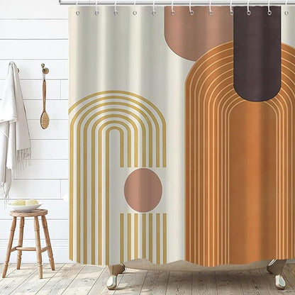 Mid Century Shower Curtain, Brown Modern Boho Neutral Arch Geometric Machine Washable Waterproof for Bathroom Bathtub with 12 Hooks 72x72