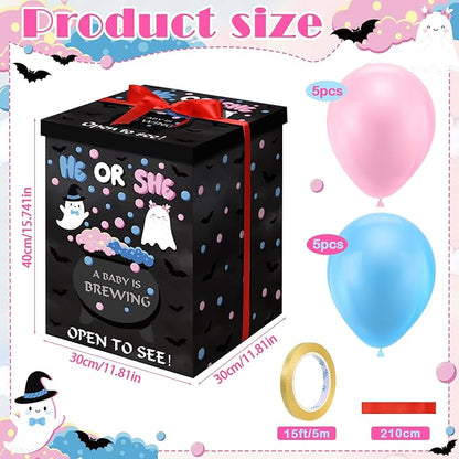 Hungdao Gender Reveal Balloon Box with Ribbon and 10 Pink and Blue Balloons Gender Reveal Games He or She Open to See for Party Decoration 12 x12 x16 (Ghost)