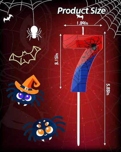 Number 7 Spider Themed Birthday Candle, 2.68 Inch Red Blue Spider Birthday Candles, Number Candles Birthday Cake Toppers Web Candles for Boy Girl Spider Party Decoration Supplies Halloween Party