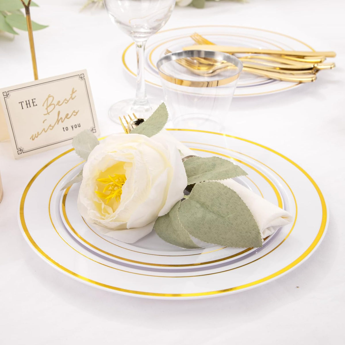 WELLIFE 210 Piece Gold Plastic Dinnerware Set, Include: 30 Dinner Plates, 30 Dessert Plates, 30 Pre Rolled Napkins with Silverware and 30 Cups
