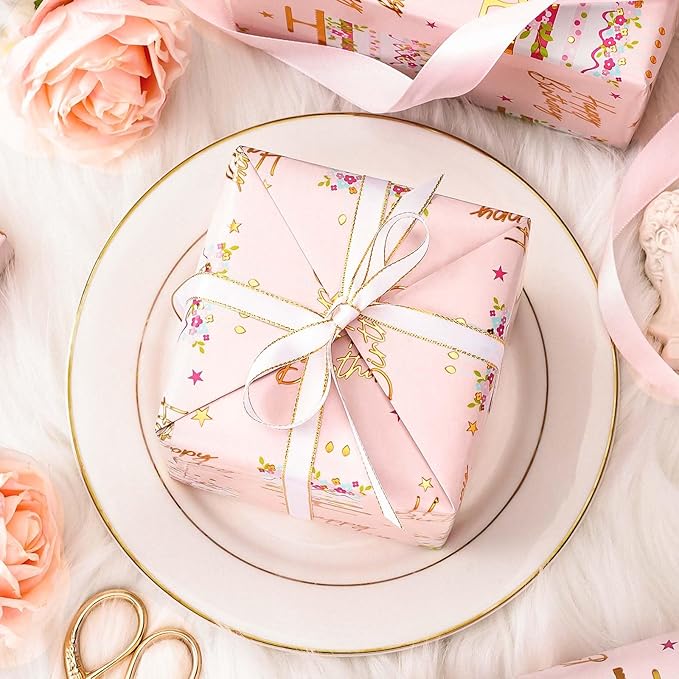 MAYPLUSS Birthday Cake Wrapping Paper Roll - 17 Inch X 33 Ft - Celebration Cake Design Paper Fun Candle Print w/Gold Shine Birthday Party Theme Gift Wrap Pastel for Wedding, Bridal Shower & Holiday