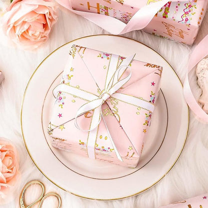 MAYPLUSS Birthday Cake Wrapping Paper Roll - 17 Inch X 33 Ft - Celebration Cake Design Paper Fun Candle Print w/Gold Shine Birthday Party Theme Gift Wrap Pastel for Wedding, Bridal Shower & Holiday
