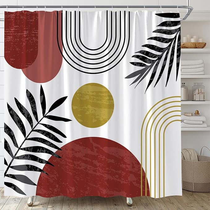 Mid Century Modern Shower Curtain Boho Red Abstract Retro Aesthetic Fabric for Bathroom Decor Bathtub with Hooks (70" WX74.8 H)