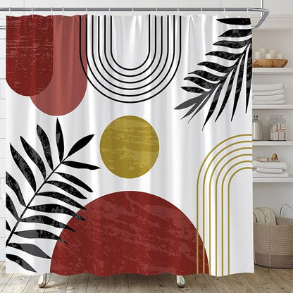 Mid Century Modern Shower Curtain Boho Red Abstract Retro Aesthetic Fabric for Bathroom Decor Bathtub with Hooks (70" WX74.8 H)