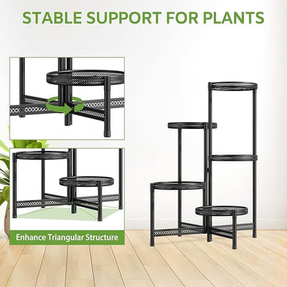 iDavosic.ly 5 Tier Large Plant Stand Indoor with 10-Inch Wide Drainage Tray, Tiered Corner Metal Outdoor Flower Display Holder Shelf, Folding Tall Rack for Patio Porch Balcony, Black Iron Carving