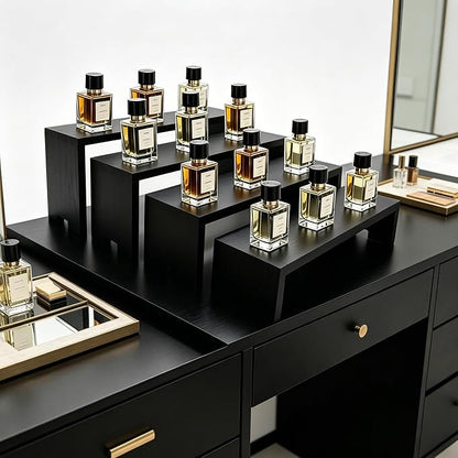 Yikaroeli 2 Set Large Black Display Riser Perfume Display Stand Cologne Shelf Wood Risers for Display,11"-8.6" Graduated Sizes,4Tiered 8Pcs Display Stands for Vendors Event