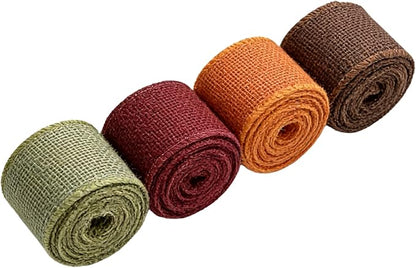 Meseey 1.5 Inch Fall Burlap Wired Ribbon Set, 4 Rolls Total 20 Yards Sage Green/Orange/Burgundy/Brown Solid Wired Edge Ribbons for Big Bows, Wreaths, Thanksgiving & Halloween Decor(FPR019)
