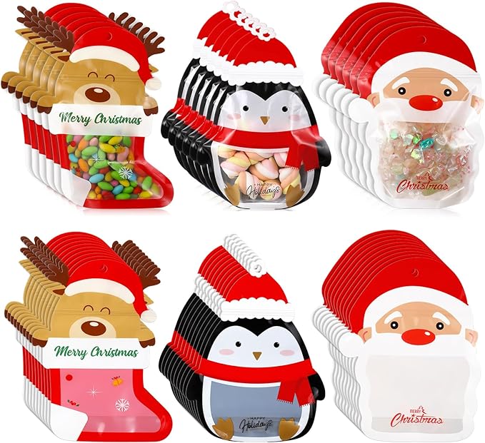 Resurhang 60 Pcs Christmas Treat Bags Candy Zipper Cute Reindeer Penguin Santa Claus Food Goodie Gifts Bags Resealable Christmas Snack Candy Containers with Handle for Xmas Party Supplies