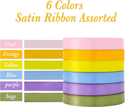 TONIFUL 6 Rolls Easter Satin Ribbon 3/8 Inch Assorted Solid Colors Pastel Ribbons for Gift Wrapping, Flower Bouquet, Hair Bows, Wreath Decor, Baby Showe Birthday Easter Party Decor (25 Yards/Roll)
