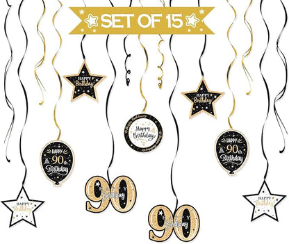 Happy 90th Birthday Black & Gold Glitter Swirls Streamers Party Decorations - 15 Pcs 90th Birthday Hanging Swirls Streamers Kit,Cheers to Ninety Years Old Bday Party Sign.