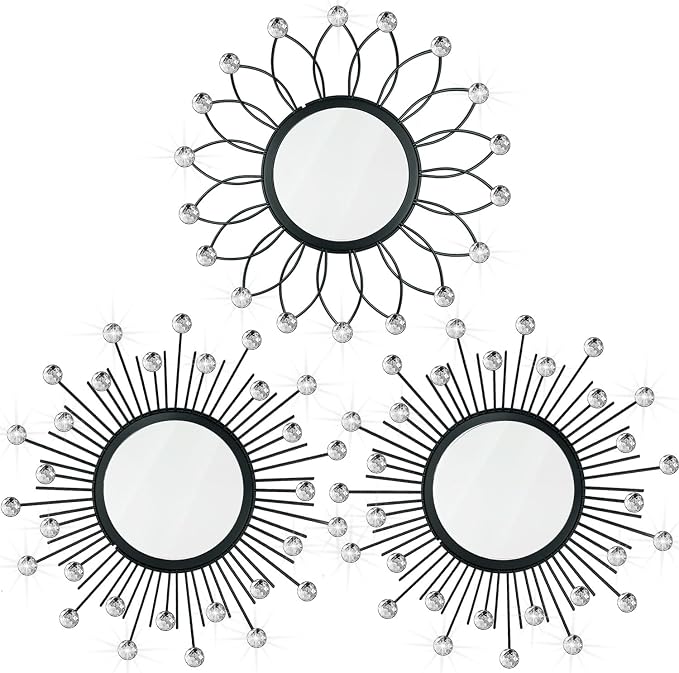 3 Pack Metal Mirrors for Wall Sunburst Wall Mirrors Home Décor Decorative Hanging Wall Art for Living Room Bedroom Entryway (Black Crystal, Flower+Sunburst)