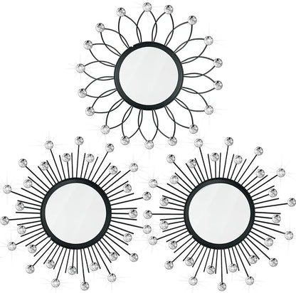 3 Pack Metal Mirrors for Wall Sunburst Wall Mirrors Home Décor Decorative Hanging Wall Art for Living Room Bedroom Entryway (Black Crystal, Flower+Sunburst)