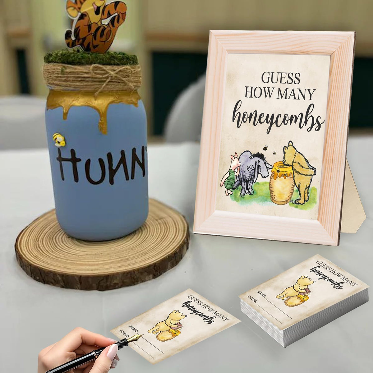 Classic The Winnie Bear Guess How Many Honeycombs Game- Perfect for Baby Showers, Newborn Parties & Birthdays Decorations | Wood Frame + Sign + Guest Game Card - 40 Pcs Set