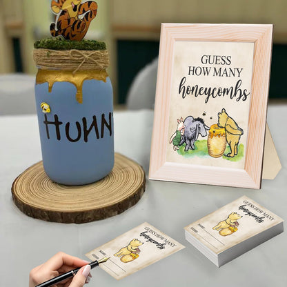 Classic The Winnie Bear Guess How Many Honeycombs Game- Perfect for Baby Showers, Newborn Parties & Birthdays Decorations | Wood Frame + Sign + Guest Game Card - 40 Pcs Set