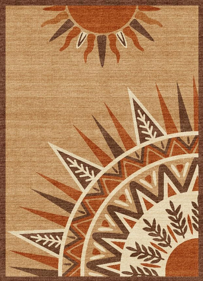 5x7 Bohemian Sun Totem Area Rug - Non-Slip Washable Low Pile, Warm Sand Brown with Deep Rust & Cream Pattern Carpet for Bedroom, Living Room, Dining Area, Home Office