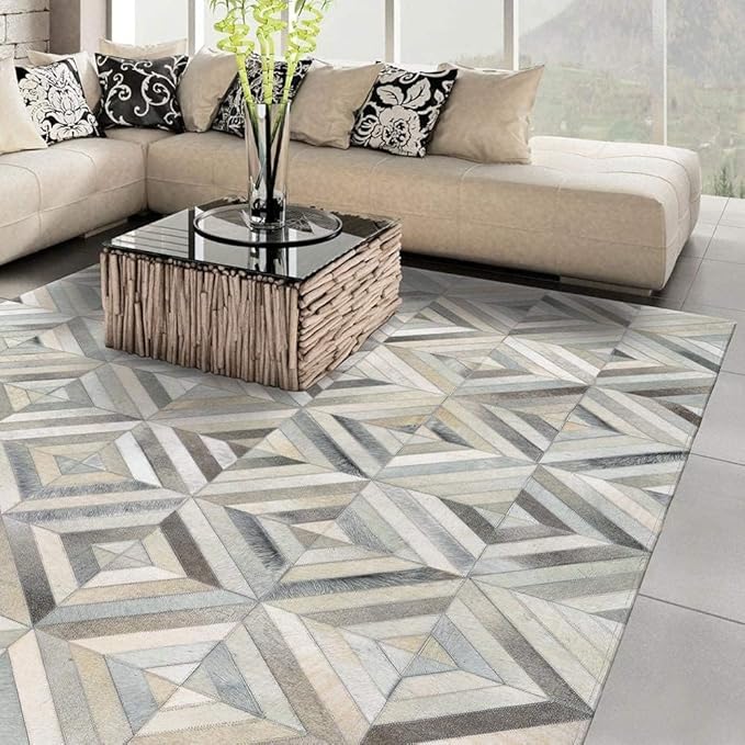 Premium Diamond Patterned Leather Area Rug - 3X5 ft - Grey - Luxury Non Slip Floor Accent for Dining Room, Living Room, Entryway, Elegant Collection Indoor Carpet