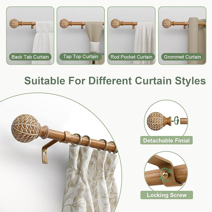 QDWIS Wood Curtain Rods for Windows 66 to 120 Inch,1'' Diameter Drapery Rods with Imitation Wood Grain Leaf Pattern Finials,Boho Adjustable Heavy Duty Curtain Rods Set,36-120'',Color:Natural Wood