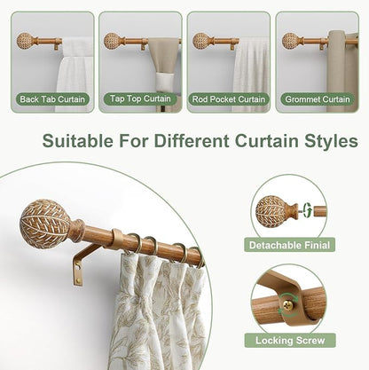 QDWIS Wood Curtain Rods for Windows 66 to 120 Inch,1'' Diameter Drapery Rods with Imitation Wood Grain Leaf Pattern Finials,Boho Adjustable Heavy Duty Curtain Rods Set,36-120'',Color:Natural Wood