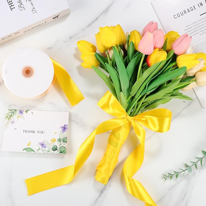 woric Yellow Satin Ribbon 1 1/2 Inch 60 Yards Yellow Fabric Bows for Mothers Day Graduation Crafts Gift Wrapping Flower Bouquet Memorials Harvest Party Holiday Decorations