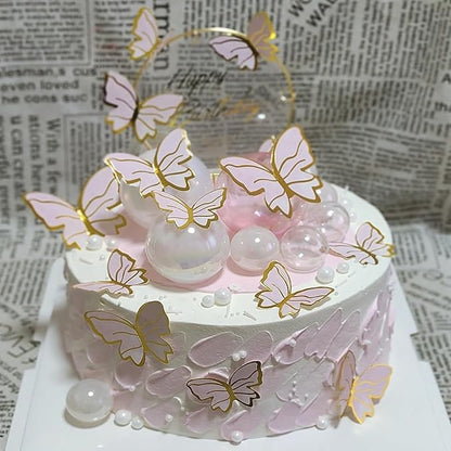 Pink Butterfly Cake Toppers, 11pcs Cupcake Toppers Happy Birthday Metal Gold Topper for Girls Women's Party Decorations