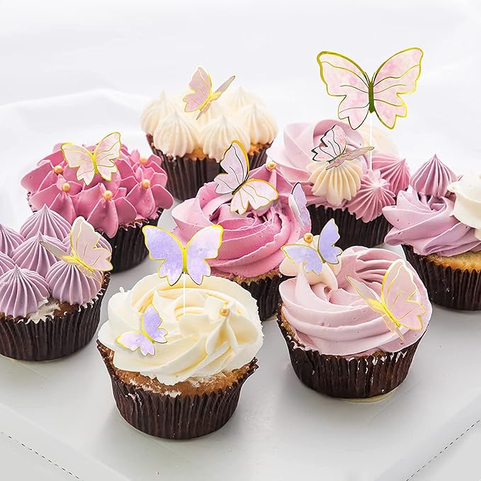 20PCS Gold Pink Purple Butterfly Cupcake Toppers - Handmade Cake Decorations for Girls Baby Shower Wedding Birthday Party Decor - Mixed Size