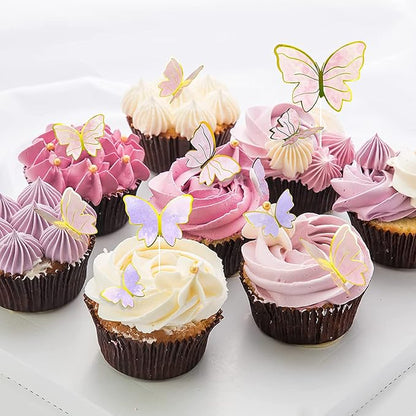 20PCS Gold Pink Purple Butterfly Cupcake Toppers - Handmade Cake Decorations for Girls Baby Shower Wedding Birthday Party Decor - Mixed Size