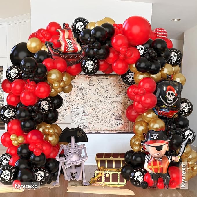Pirate Birthday Party Decorations, 142Pcs Red Black Metallic Gold Balloon Garland Arch Kit Pirate Ship Foil Mylar Balloon for Halloween Pirate Summer Pool Sea Sailing Adventure Ocean Theme Party