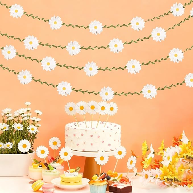 3D Daisy Flower Garland (2PCS) Flower Banner Wildflower Party Decorations Leaves Banner Paper Flower Spring Wedding Backdrop Decor