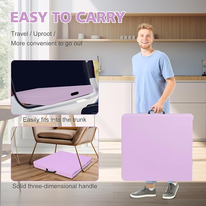Portable 4Ft Folding Table, Heavy Duty Plastic Fold-in-Half Utility Foldable Table, Adjustable Height Plastic Folding Table with Carrying Handle for Camping &Party Indoor/Outdoor(Light Purple)