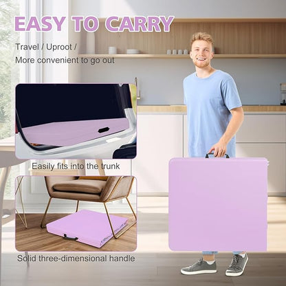 Portable 4Ft Folding Table, Heavy Duty Plastic Fold-in-Half Utility Foldable Table, Adjustable Height Plastic Folding Table with Carrying Handle for Camping &Party Indoor/Outdoor(Light Purple)