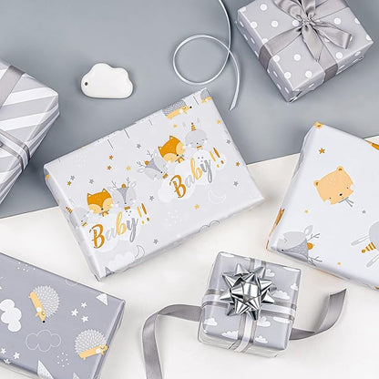 WRAPAHOLIC Reversible Baby Shower Wrapping Paper Roll - Mini Roll - 3 Rolls - 17 Inch x 120 Inch Per Roll - Cute Hedgehog, Animals & Baby Lettering Design for Neutral Baby Shower