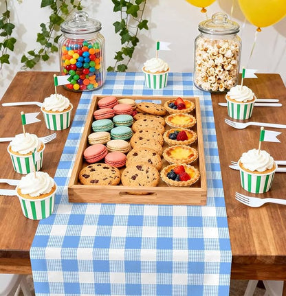 3 Pcs Light Blue and White Checkered Table Runner Plastic 14 x 108 Disposable Baby Blue Gingham Table Runner for Birthday Wedding Baby Shower Party Table Centerpiece Decorations