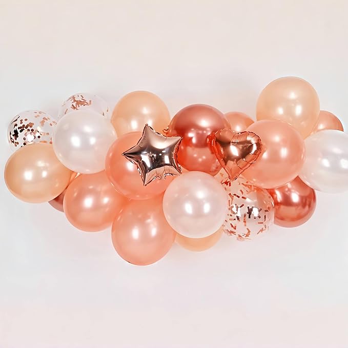 Rose Gold Balloons Birthday Decorations, Pearl Rose Gold Confetti Birthday Balloon for Women, Pentagram Heart Balloon for Glitter Happy Anniversary Balloons Wedding Bridal Shower