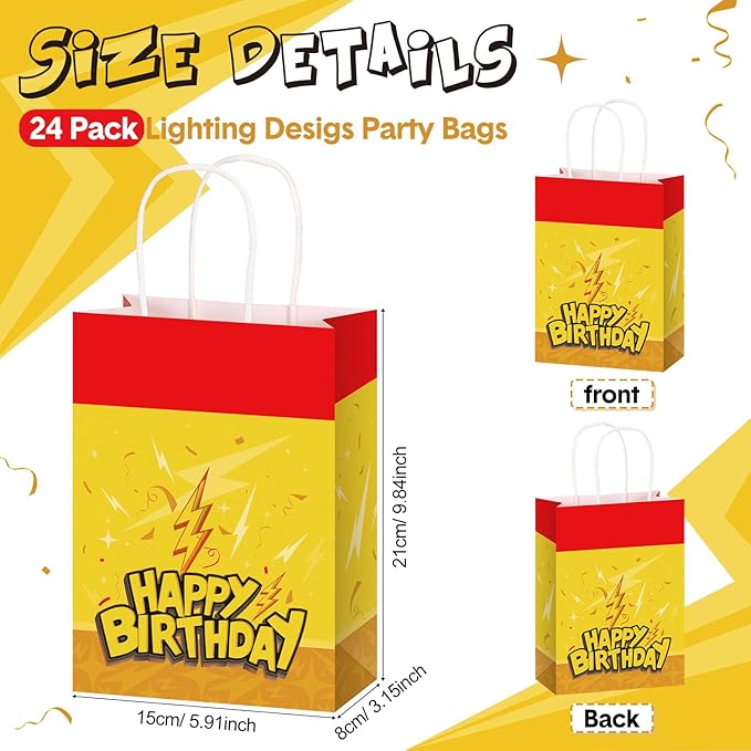 Oudain 24 Pcs Cartoon Animation Party Favor Bags Red Yellow Goodie Treat Gift Bags with Handle Paper Candy Packing for Birthday Lightning Pattern Theme Supplies Baby Shower Decorations