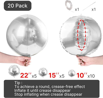 PartyWoo Metallic Silver Foil Balloons 20pcs Different Sizes Pack of 22 15 10 Inch Large Round Foil 4D Inflatable Mirror Ball Mylar Balloons for Graduation Birthday Engagement Party Decorations