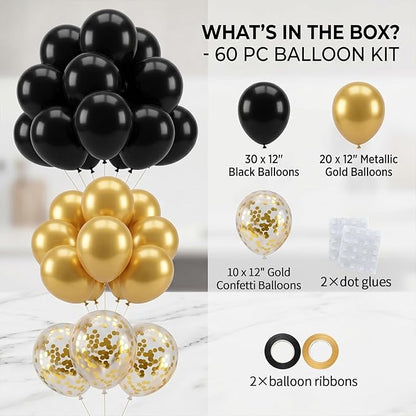 60pcs Black & Gold Balloon Kit, 12 Inch Metallic Gold & Black Gold Confetti Balloons for Graduation 2026 Men’s Milestone Birthday New Year’s Eve Party Decorations (with Ribbons & Glues)