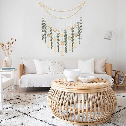 Artificial Eucalyptus Wall Decor with Wicker Ball Natural Boho Home Decorations Hanging Wooden Bead Garland for Large Bedroom Bathroom Living Room, 32 x 32 Inch
