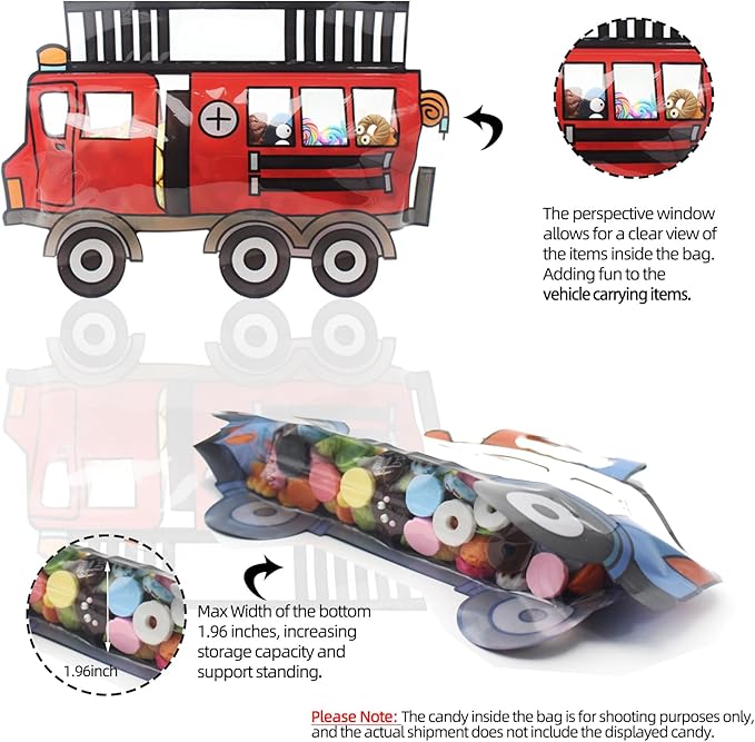 30 Pack Goodie Bags - Cartoon Firetruck Car Candy Treat Bags with Handle - Resealable, Small Plastic Ziplock Seal Gift Candy Bags for Party Favor, Birthday Bags