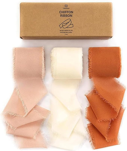 Vitalizart Fall Handmade Chiffon Silk Ribbon Fringe 1.5" x 21 Yd Terracotta Cream Frayed Edges Ribbons for Wedding Invitations Bridal Bouquets Gifts Wrapping Crafts Holiday Party Decorations