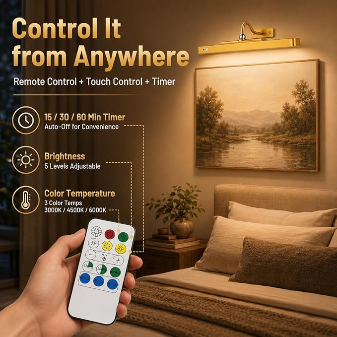 16" Gold Picture Light for Wall, Battery Operated Rechargeable Art Light with 6000mAh Battery, Motion Sensor, Remote, 3CCT Dimmable Cordless Painting Light for Artwork, Gallery, Hallway, 2 Pack