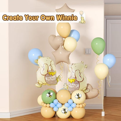 Classic Winnie Bear Baby Shower Birthday Decorations Balloons, 3D Vintage Original Pooh Bear Helium Balloons with Heart Star for Boys Girls Baby Shower Birthday Gender Reveal Large 23Inch
