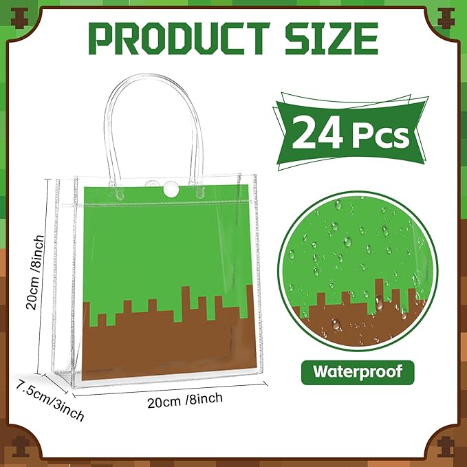 24Pcs Pixel Clear PVC Gift Bags with Handles Video Game Party Favor Bags Pixel Reusable Gift Wrap Tote Bag Gamer Goodie Treat Bag for Pixelated Birthday Baby Shower Party Supplies 8x8x3 Inch