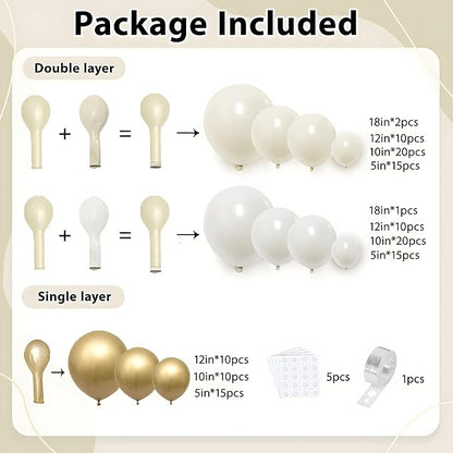 White and Gold Balloons Arch Kit - 129 pcs Double Stuffed Pearl White Sand Beige Ivory Chrome Gold Balloons for Wedding Birthday First Communion Party Decorations