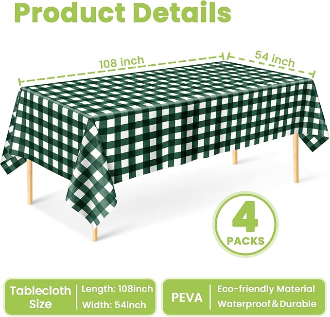 Mulbozy Dark Green Gingham Tablecloth 4 Pack, 54 x 108 Inch Plastic Table Cloth Disposable, Green and White Checkered Table Cover for Party Supplies