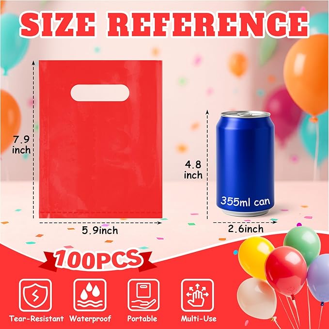 ANZNKU Red Party Favor Bags 100 Pcs, Goodie Bags Small Gift Bag for Kids Birthday Party, Wedding, Portable Treat Bag for Easter Candy, Goodies, Crafts(5.9x7.9 inch)