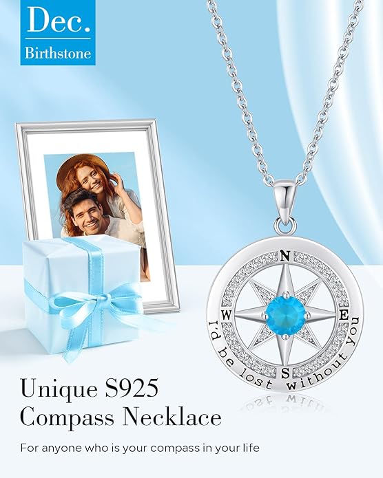 S925 Necklace Gift for Wife |Compass Jewelry |Women Anniversary |Sterling Silver |Girlfriend Birthday Gifts for Her Valentines |I'd be Lost without You |Jewel 18K Gold