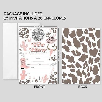 20 Sets Cowgirl Yee Haw Birthday Party Invitations With Envelopes,Western Disco Ball Double-sided Printed Birthday Party Invitation Invite Cards for Baby Girls,Saddle Up Birthday Invites