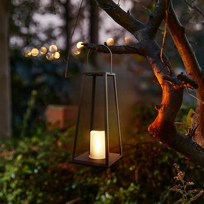 HPC Decor 2PCS Solar Lanterns for Outdoor Decor-20in 15.6in Black Metal Candle Lanterns w/ Waterproof Solar Powered Candles- Modern Farmhouse Hanging Decor for Front Porch,Yard Garden Patio