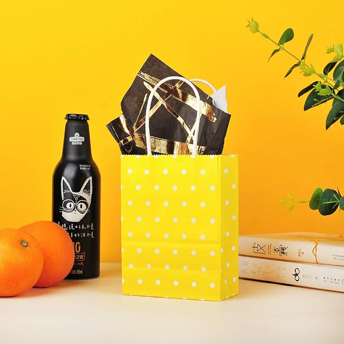 AWELL Mini Small Size Yellow Paper Bag with Handle Party Favours Bag 6x4.5x2.5 inch for Wedding Birthday Baby Shower Summer Tropical Theme Party Recycled Bag,Pack of 24
